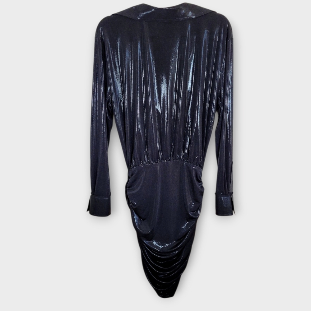 NORMA KAMALI Ruched Black Lame Boyfriend Shirt Dress Small Mini Dress Plunge - Picture 7 of 15
